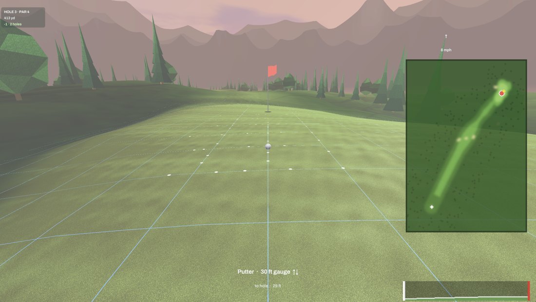 Rota: a 29-foot putt on hole 3, the green's contour grid drawn across
                  the surface, mountains behind and the hole map at right.